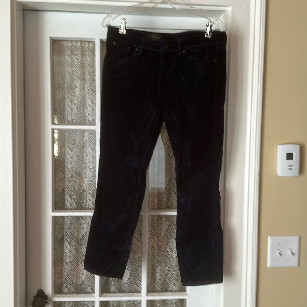 J Crew navy velvet toothpick pants.  Size 30